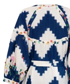 De Castro Blue Zig Zag Dress With Multi Embroidery
