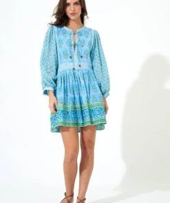 OLIPHANT Tie Front Balloon Sleeve- Clover Blue