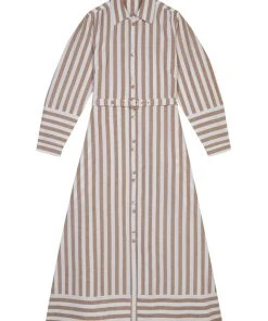 Seraphina THE PUFF SLEEVE SHIRT DRESS | Tan & White Stripe