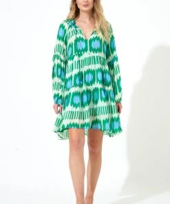 OLIPHANT Balloon Sleeve Short Dress- Ikat Mint