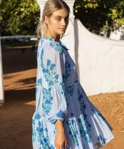 OLIPHANT Balloon Sleeve Short Dress- Jaipur Blue Stripe