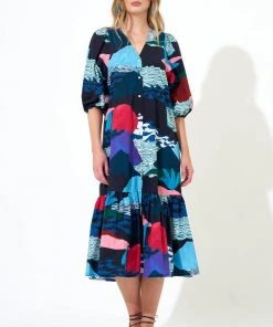 OLIPHANT Button Puff Sleeve Midi- Pacifica Black