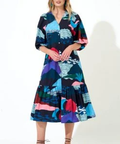 OLIPHANT Button Puff Sleeve Midi- Pacifica Black