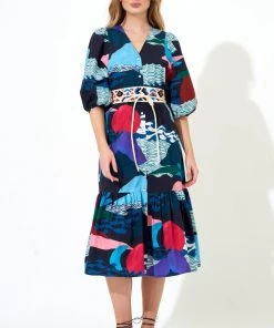 OLIPHANT Button Puff Sleeve Midi- Pacifica Black