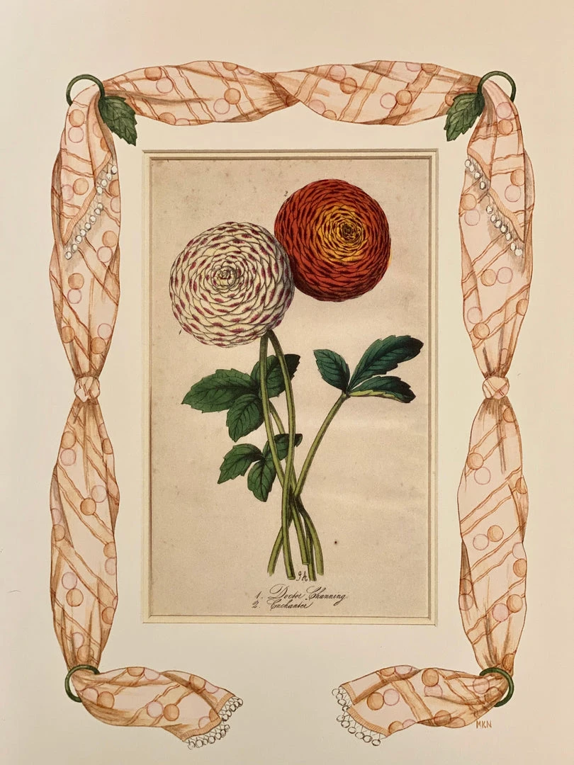 Missy Norton Art & Games Ranunculus Antique Print With Hand-painted Fabric Border 3 Missy Norton Art & Games Ranunculus Antique Print With Hand-painted Fabric Border