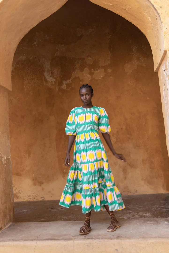 OLIPHANT Puff V-Neck Maxi- Ikat Green 3 OLIPHANT Puff V-Neck Maxi- Ikat Green