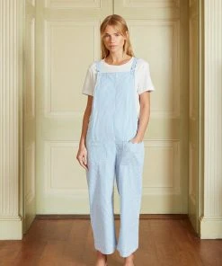 Seraphina WHAT'S HOT SCALLOP DUNGAREES | Blue & White Stripe Seersucker