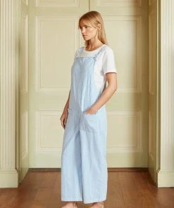 Seraphina WHAT'S HOT SCALLOP DUNGAREES | Blue & White Stripe Seersucker