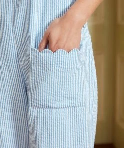 Seraphina WHAT'S HOT SCALLOP DUNGAREES | Blue & White Stripe Seersucker