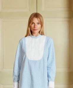Seraphina WHAT'S HOT THE BIB SHIRT | Blue & White Stripe Seersucker