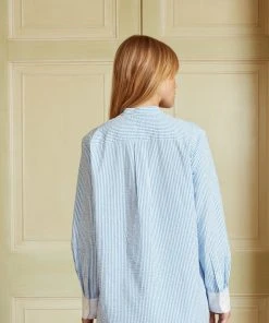 Seraphina WHAT'S HOT THE BIB SHIRT | Blue & White Stripe Seersucker