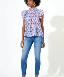 OLIPHANT Pintuck Ruffle Top- Iris Blue