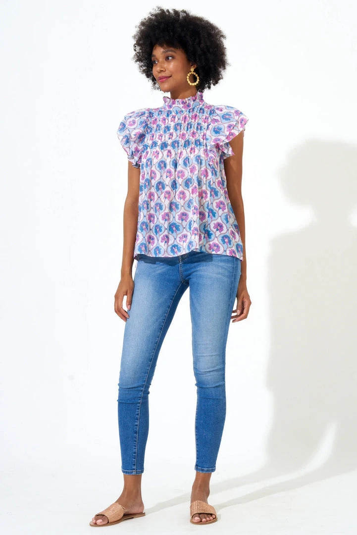 OLIPHANT Pintuck Ruffle Top- Iris Blue 3 OLIPHANT Pintuck Ruffle Top- Iris Blue