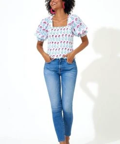 OLIPHANT Puff Sleeve Smocked Top- Poppy Blue