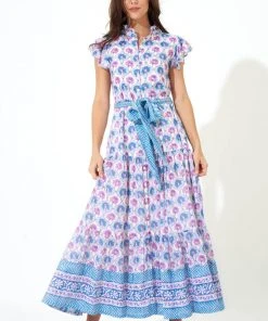 OLIPHANT Ruffle Collar Button Maxi- Iris Blue