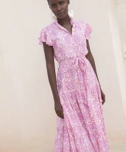 TUKE BAZAAR Shop 36 OLIPHANT Ruffle Collar Button Maxi- Malta Pink