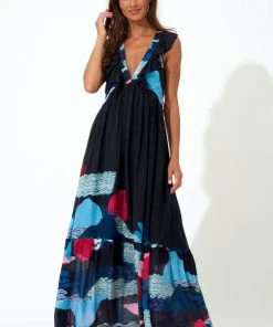 OLIPHANT Ruffle V-Neck Maxi- Pacifica Black