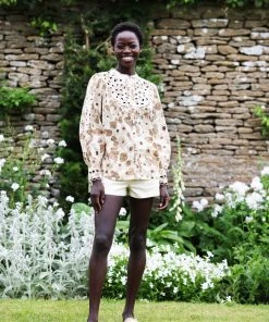 Seraphina Tops CUTWORK BLOUSE | Brown Florals