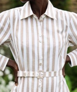 Seraphina THE PUFF SLEEVE SHIRT DRESS | Tan & White Stripe