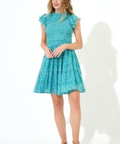 OLIPHANT Smocked Flirty Short Dress- Lisbon Green