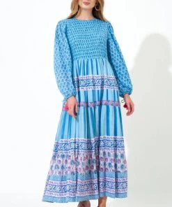 OLIPHANT Smocked Top Maxi- Fern Blue