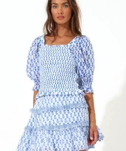 OLIPHANT Puff Sleeve Smocked Top- Flora Blue