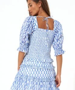 OLIPHANT Puff Sleeve Smocked Top- Flora Blue