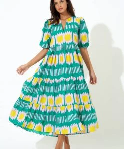 OLIPHANT Puff V-Neck Maxi- Ikat Green 5 OLIPHANT Puff V-Neck Maxi- Ikat Green