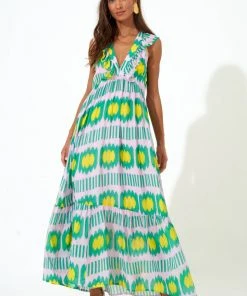 OLIPHANT Ruffle V-Neck Maxi- Ikat Lilac