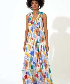 OLIPHANT Ruffle V-Neck Maxi- Papaya Yellow