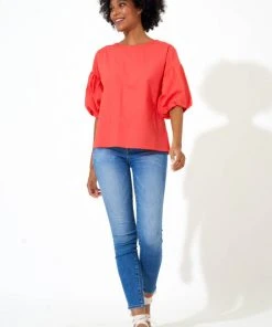 OLIPHANT Puff Sleeve Blouse- Solid Coral