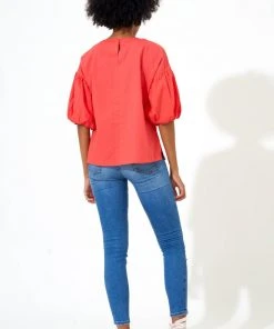 OLIPHANT Puff Sleeve Blouse- Solid Coral