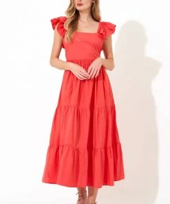 OLIPHANT Flirty Tie Back Maxi- Solid Coral